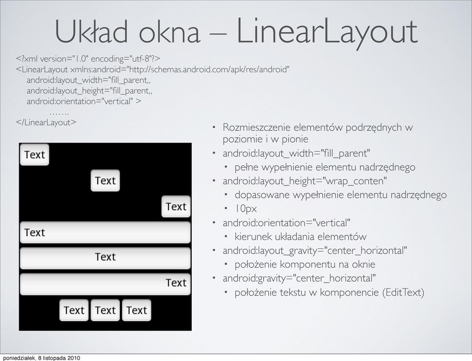 </LinearLayout> Rozmieszczenie elementów podrzędnych w poziomie i w pionie android:layout_width="fill_parent" pełne wypełnienie elementu nadrzędnego