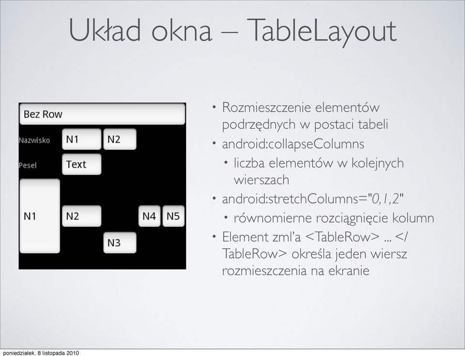 android:stretchcolumns="0,1,2" równomierne rozciągnięcie kolumn Element