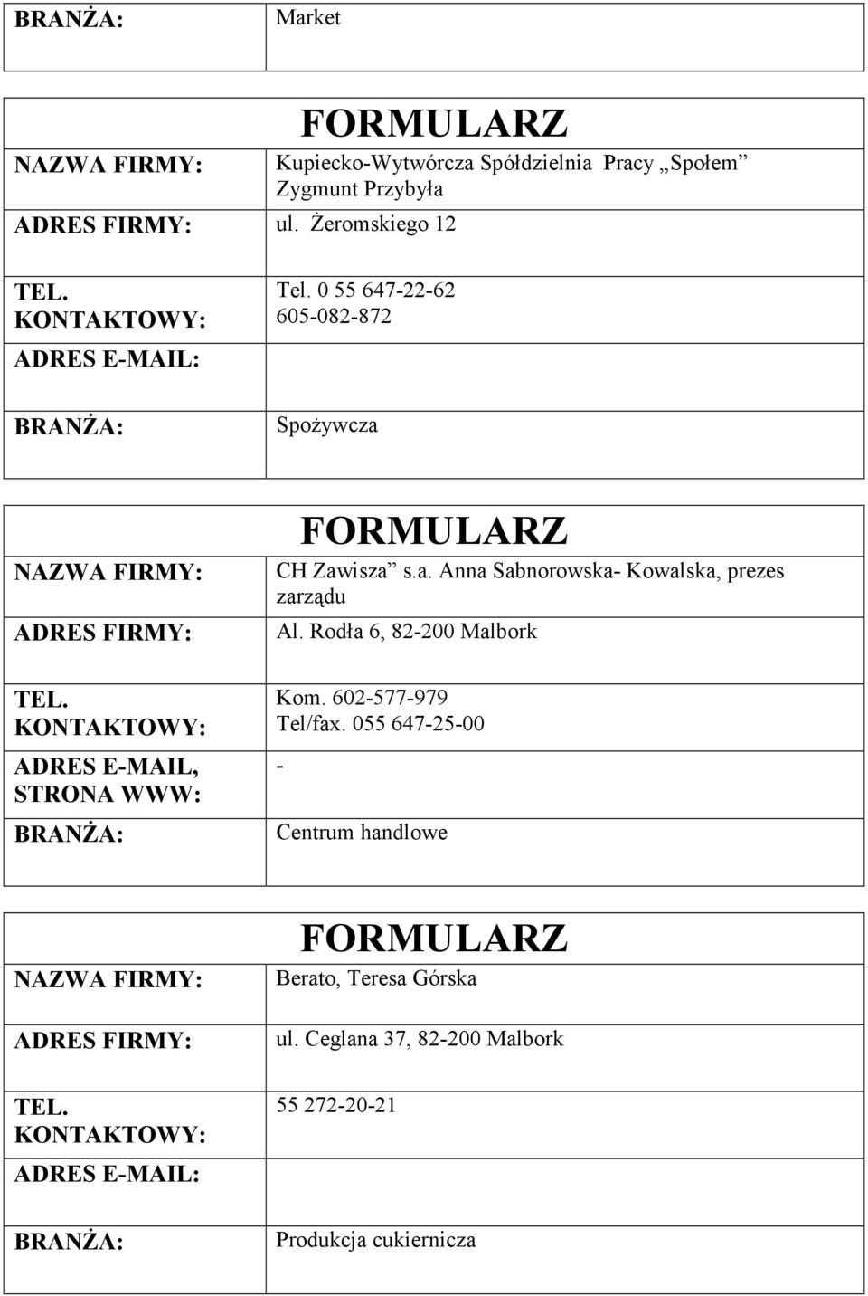 0 55 647-22-62 605-082-872 Spożywcza CH Zawisza s.a. Anna Sabnorowska- Kowalska, prezes zarządu Al.