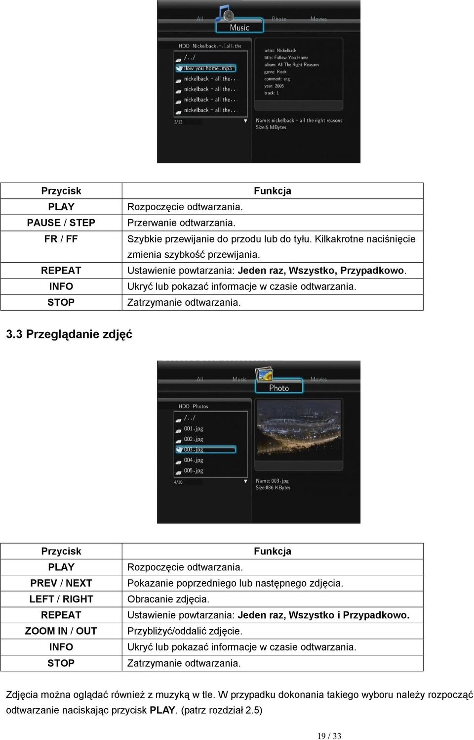 3 Przeglądanie zdjęć Przycisk PLAY PREV / NEXT LEFT / RIGHT REPEAT ZOOM IN / OUT INFO STOP Funkcja Rozpoczęcie odtwarzania. Pokazanie poprzedniego lub następnego zdjęcia. Obracanie zdjęcia.