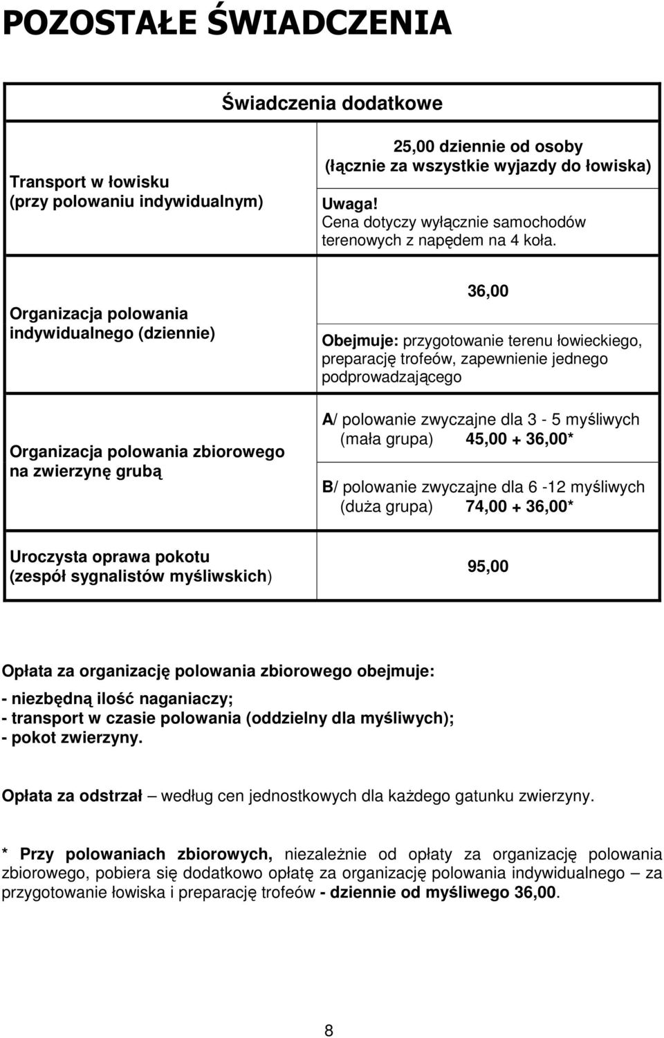 Organizacja polowania indywidualnego (dziennie) Organizacja polowania zbiorowego na zwierzynę grubą 36,00 Obejmuje: przygotowanie terenu łowieckiego, preparację trofeów, zapewnienie jednego