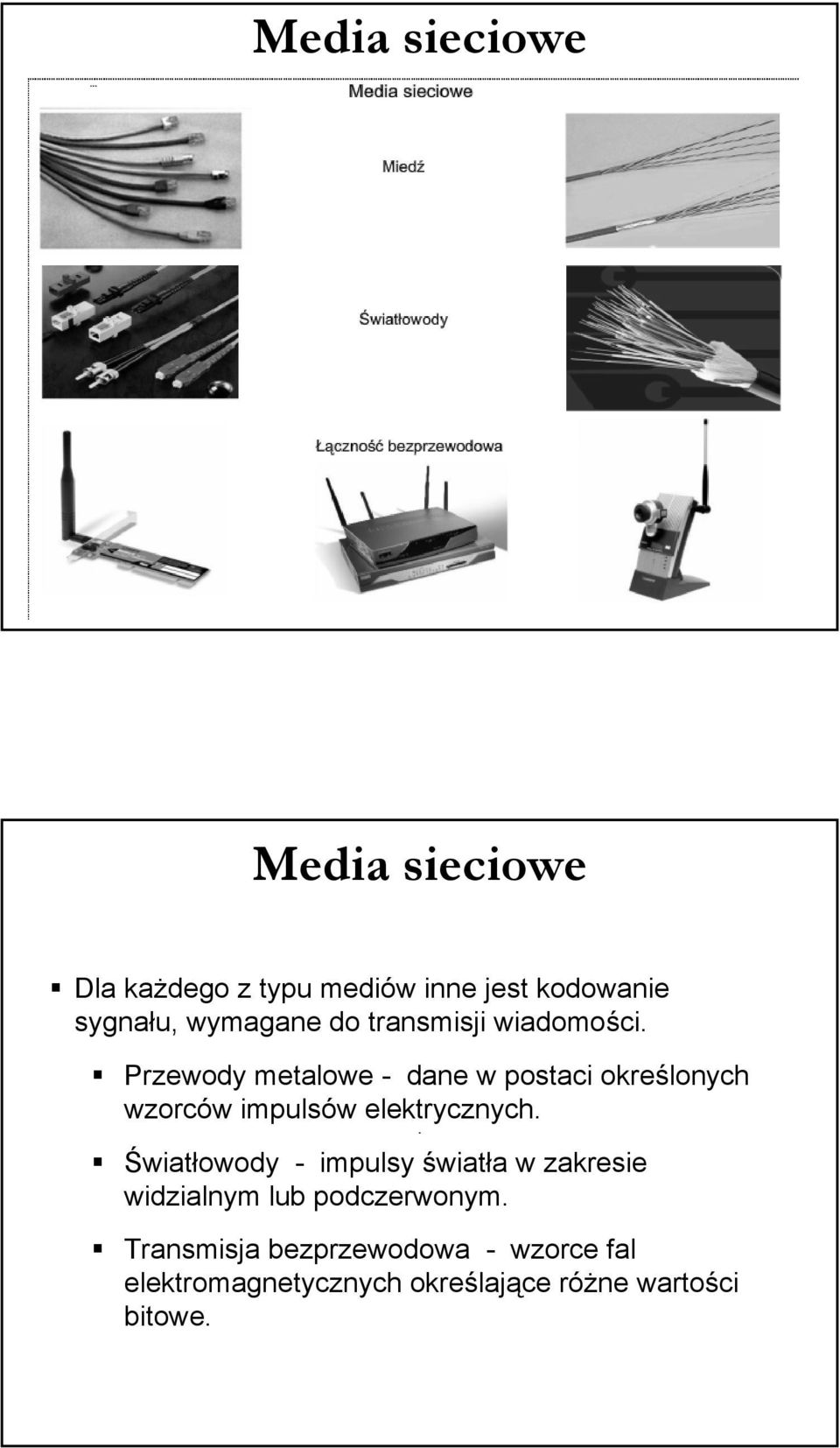 Przewody metalowe - dane w postaci określonych wzorców impulsów elektrycznych.