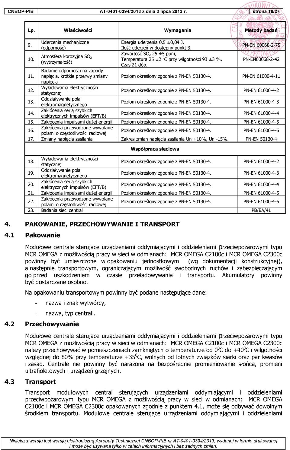 Zawartość SO 2 25 ±5 ppm, Temperatura 25 ±2 0 C przy wilgotności 93 ±3 %, Czas 21 dób. PN-EN 60068-2-75 PN-EN60068-2-42 11.