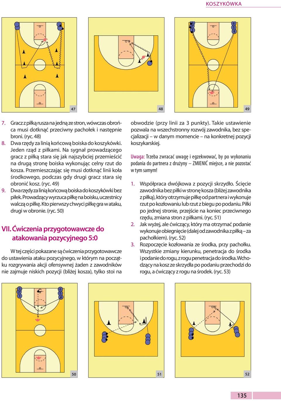 Przemieszczając się musi dotknąć linii koła środkowego, podczas gdy drugi gracz stara się obronić kosz. (ryc. 49) 9. Dwa rzędy za linią końcową boiska do koszykówki bez piłek.