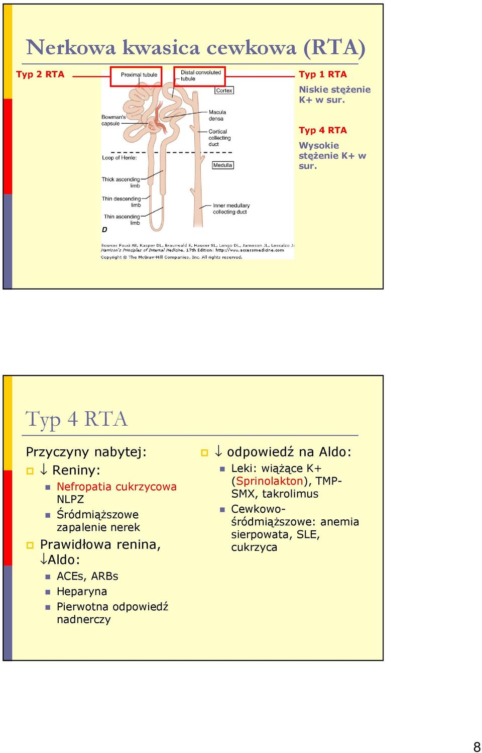 Typ 4 RTA Przyczyny nabytej: Reniny: Nefropatia cukrzycowa NLPZ Śródmiąższowe zapalenie nerek