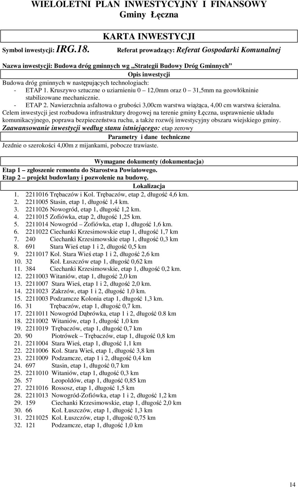 Kruszywo sztuczne o uziarnieniu 0 12,0mm oraz 0 31,5mm na geowłókninie stabilizowane mechanicznie. - ETAP 2. Nawierzchnia asfaltowa o grubości 3,00cm warstwa wiąŝąca, 4,00 cm warstwa ścieralna.