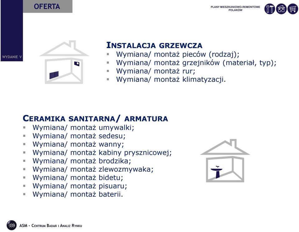 montaż bidetu; Wymiana/ montaż pisuaru; Wymiana/ montaż baterii.