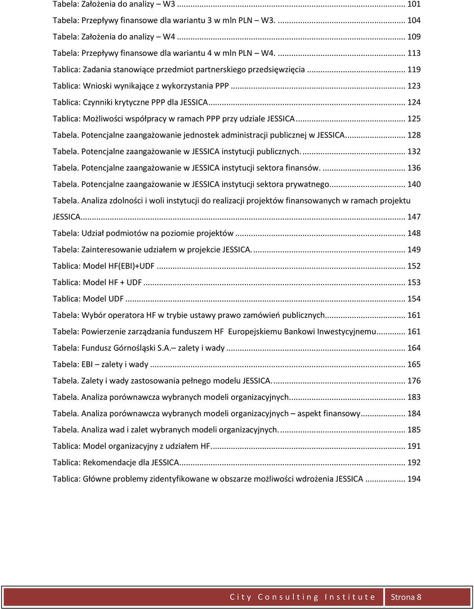 .. 124 Tablica: Możliwości współpracy w ramach PPP przy udziale JESSICA... 125 Tabela. Potencjalne zaangażowanie jednostek administracji publicznej w JESSICA... 128 Tabela.