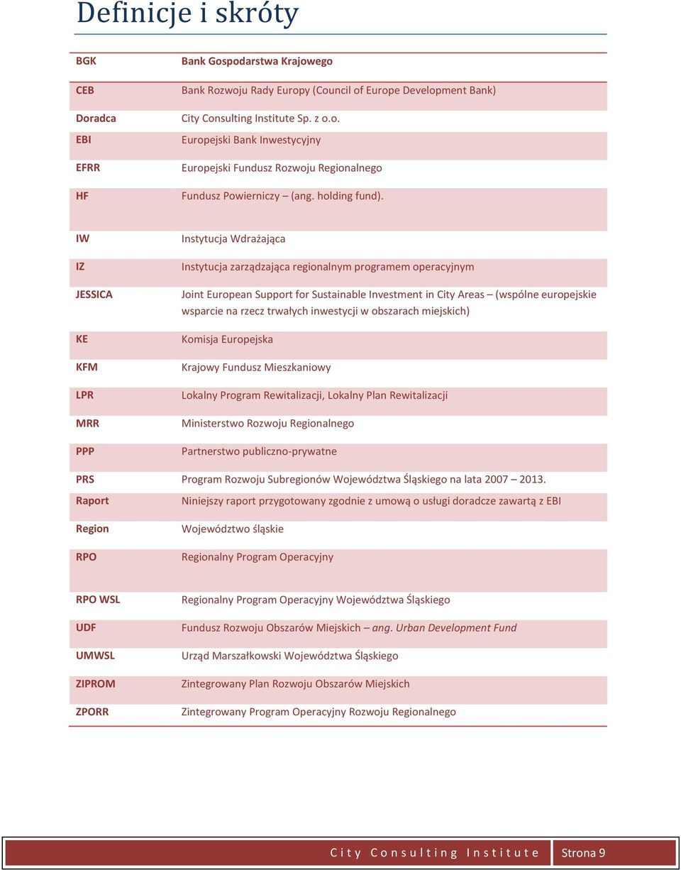 IW IZ JESSICA KE KFM LPR MRR PPP Instytucja Wdrażająca Instytucja zarządzająca regionalnym programem operacyjnym Joint European Support for Sustainable Investment in City Areas (wspólne europejskie