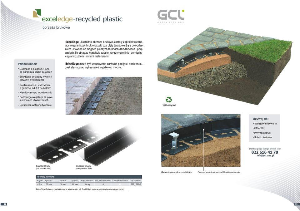 Właściwości: Dostępne o długości 4,5m, co ogranicza liczbę połączeń BrickEdge dostępny w wersji sztywnej i elastycznej BrickEdge może być wbudowane zarówno pod jak i obok bruku.