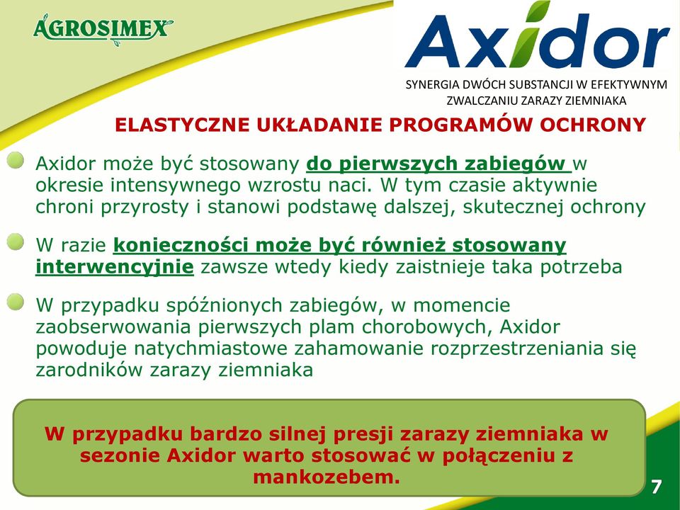 zawsze wtedy kiedy zaistnieje taka potrzeba W przypadku spóźnionych zabiegów, w momencie zaobserwowania pierwszych plam chorobowych, Axidor powoduje