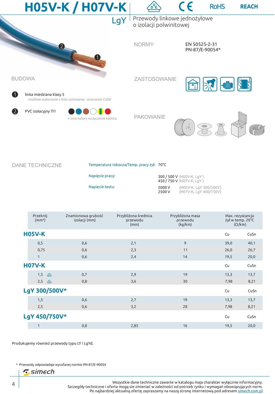 pracy żył: 70 C Przekrój 00 / 500 V (H05V-K, LgY ) 450 / 750 V (H07V-K, LgY ) 000 V 500 V grubość izolacji średnica (H05V-K, LgY 00/500V) (H07V-K, LgY 400/750V) masa