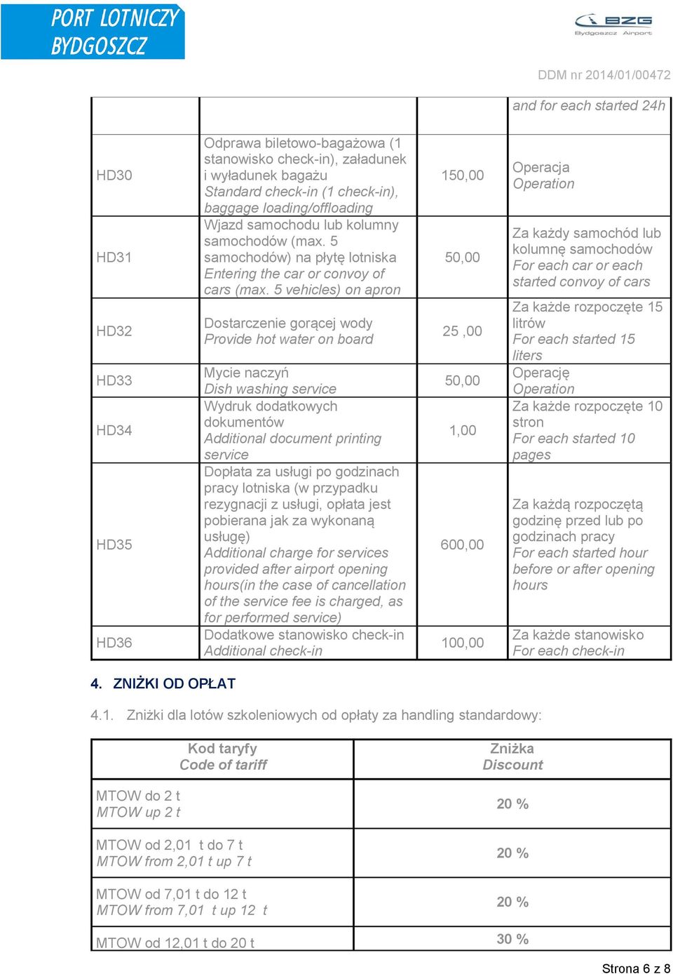5 vehicles) on apron Dostarczenie gorącej wody Provide hot water on board Mycie naczyń Dish washing service Wydruk dodatkowych dokumentów Additional document printing service Dopłata za usługi po