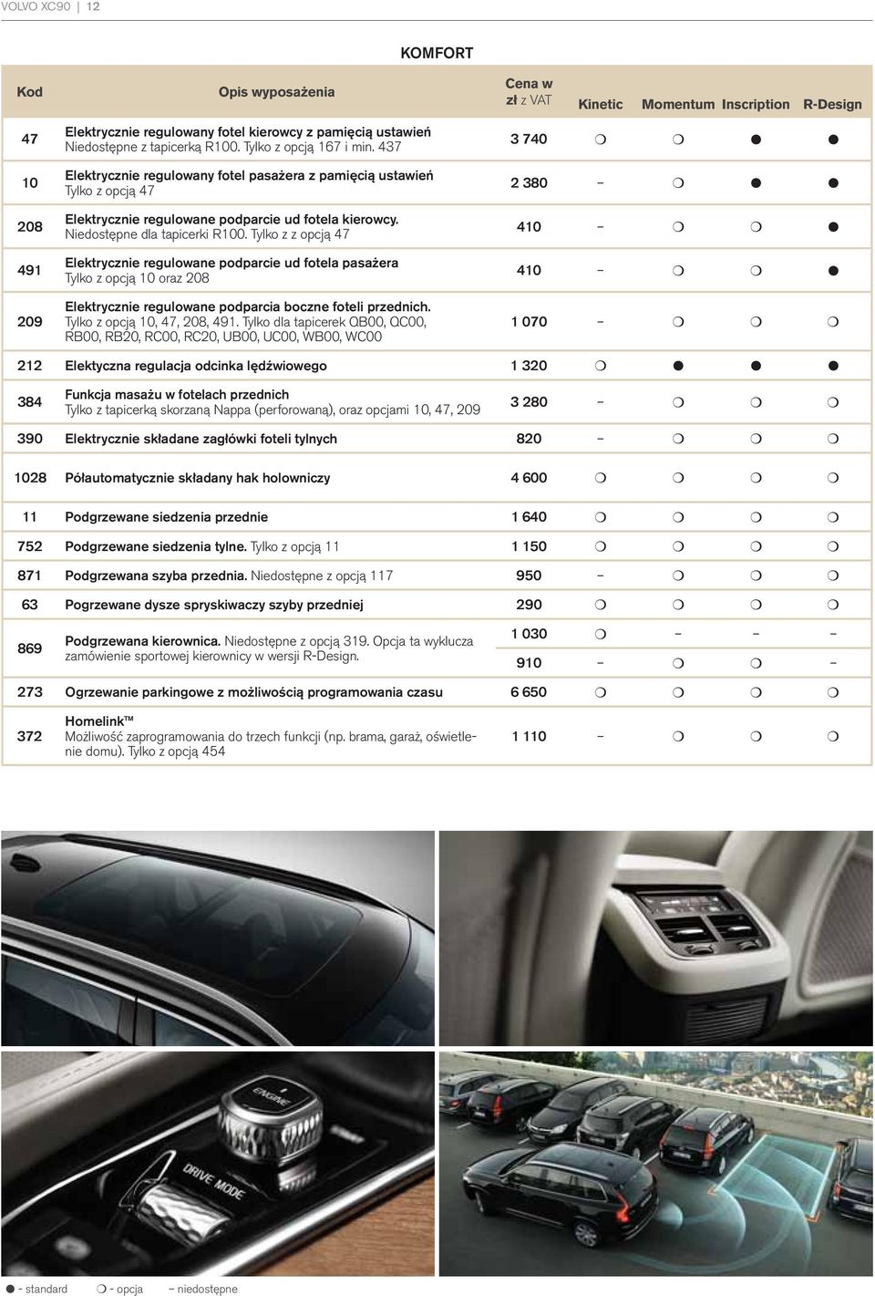 Tylko z z opcją 47 Elektrycznie regulowane podparcie ud fotela pasażera Tylko z opcją 10 oraz 208 Elektrycznie regulowane podparcia boczne foteli przednich. Tylko z opcją 10, 47, 208, 491.