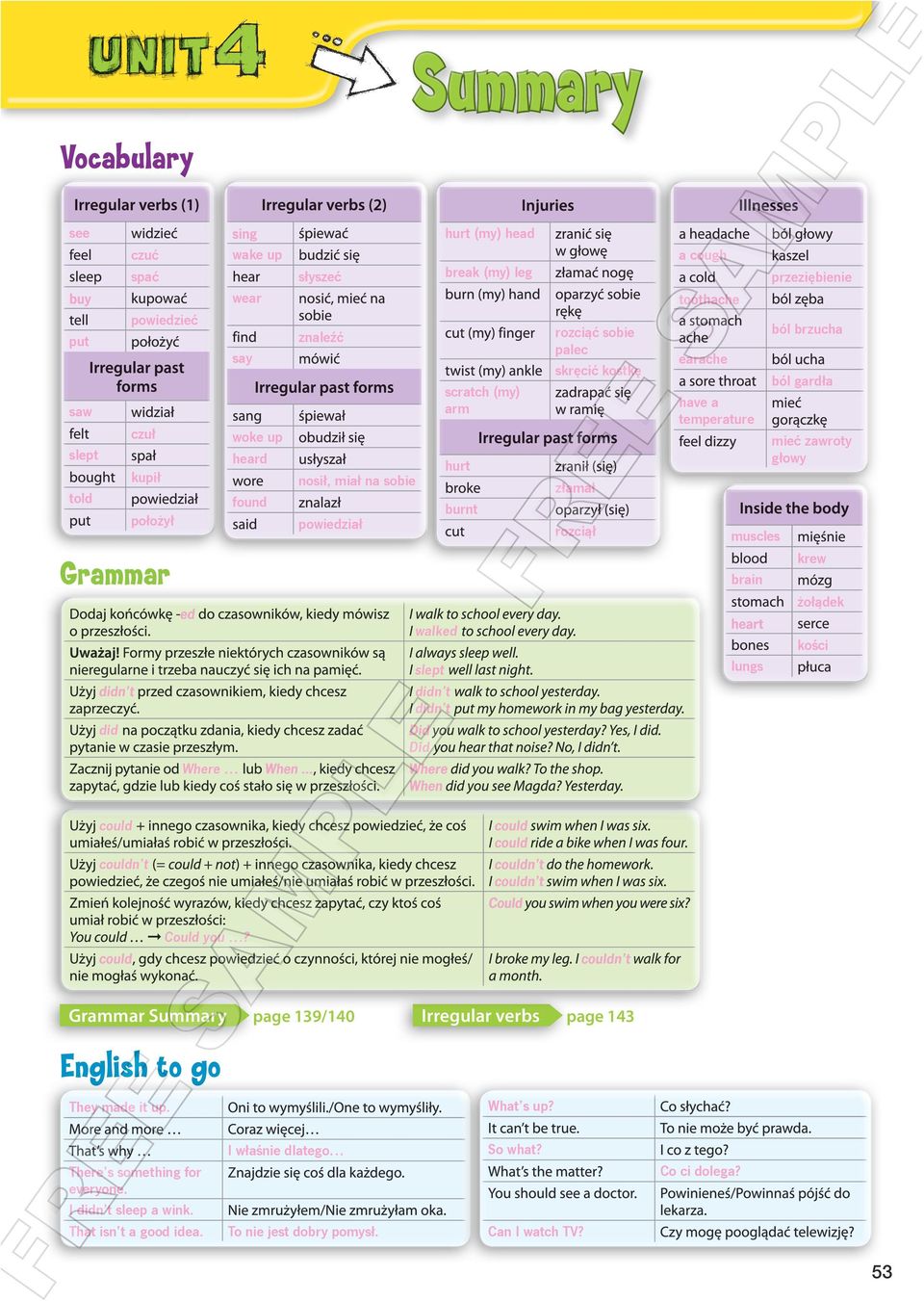 krew brin żołądek wlked kości lungs did slept didn t didn t Did Where could couldn t Could you? Grmmr Summry pge 9/40 Irregulr verbs pge 4 nglish to go Wht s up? They mde it up.