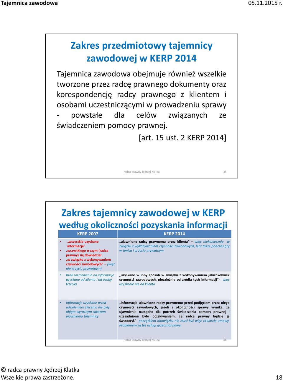 2 KERP 2014] radca prawny Jędrzej Klatka 35 Zakres tajemnicy zawodowej w KERP według okoliczności pozyskania informacji KERP 2007 KERP 2014 wszystkie uzyskane informacje wszystkiego o czym (radca