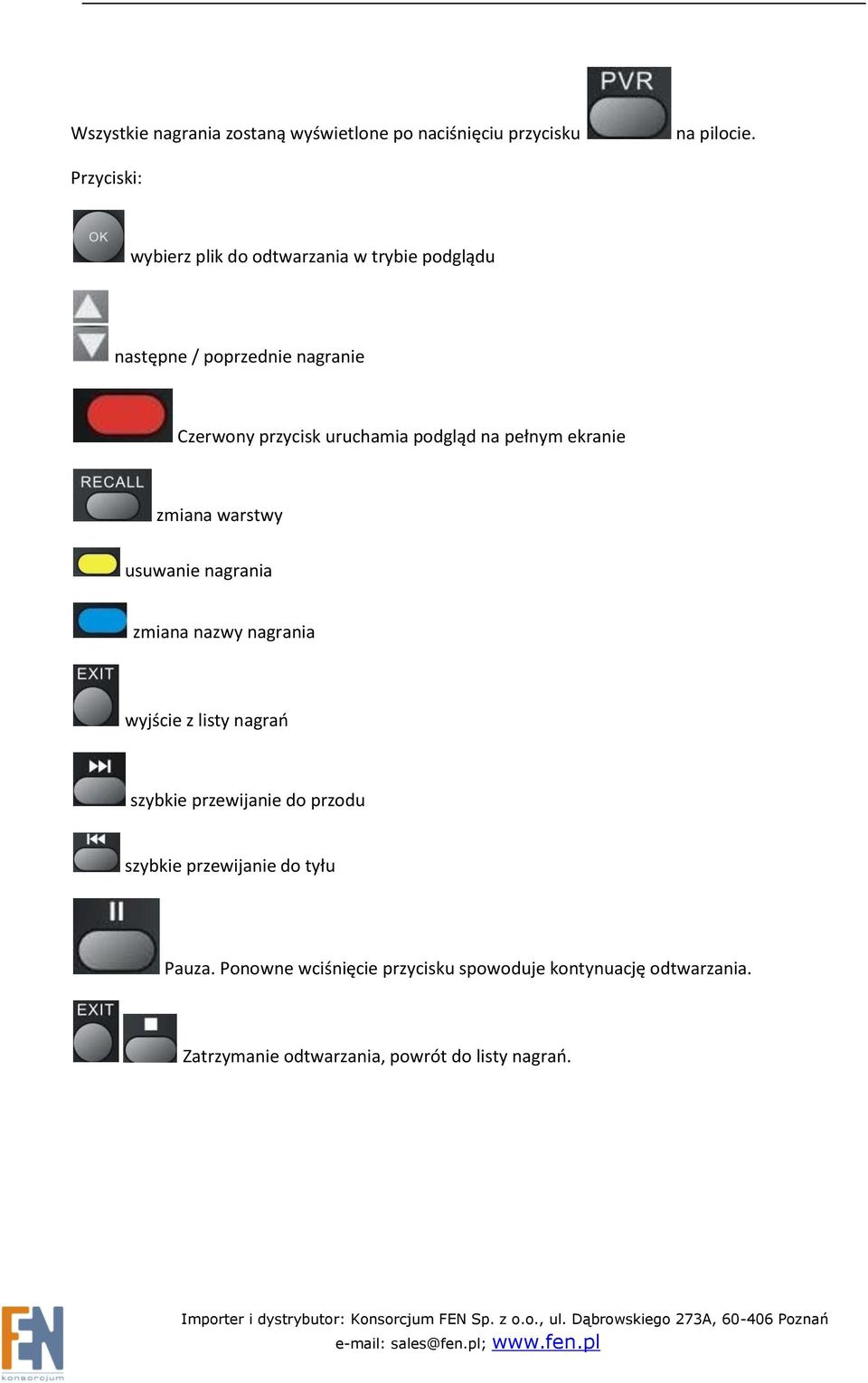 podgląd na pełnym ekranie zmiana warstwy usuwanie nagrania zmiana nazwy nagrania wyjście z listy nagrao szybkie