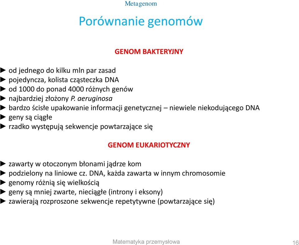 aeruginosa bardzo ścisłe upakowanie informacji genetycznej niewiele niekodującego DNA geny są ciągłe rzadko występują sekwencje powtarzające się