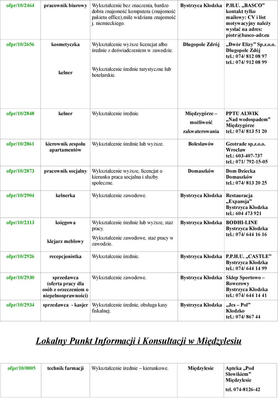 BASCO kontakt tylko mailowy: CV i list motywacyjny należy wysłać na adres: piotr@basco-adr.eu Dwór Elizy Sp.z.o.o. Długopole Zdój tel.: 074/ 812 08 97 tel.