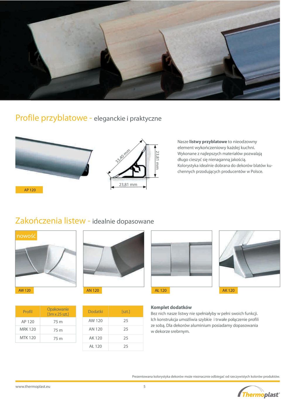 AP 120 23,81 mm Zakończenia listew - idealnie dopasowane AW 120 AN 120 AŁ 120 AK 120 Profil AP 120 MRK 120 MTK 120 Opakowanie [3m x 25 szt.] 75 m 75 m 75 m Dodatki [szt.