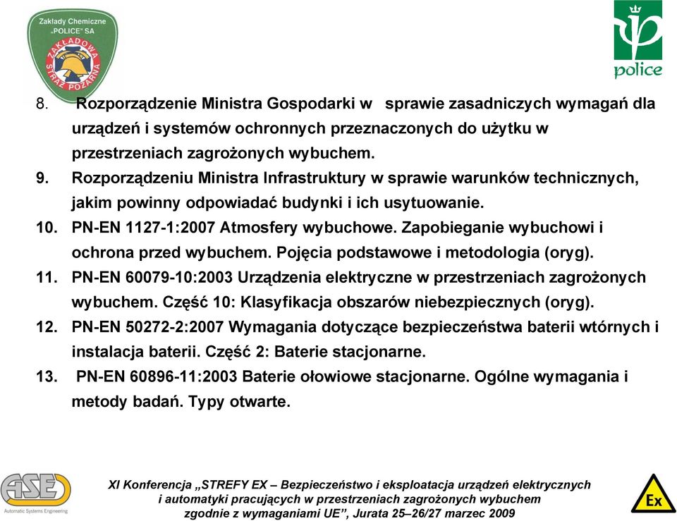 Zapobieganie wybuchowi i ochrona przed wybuchem. Pojęcia podstawowe i metodologia (oryg). 11. PN-EN 60079-10:2003 Urządzenia elektryczne w przestrzeniach zagrożonych wybuchem.