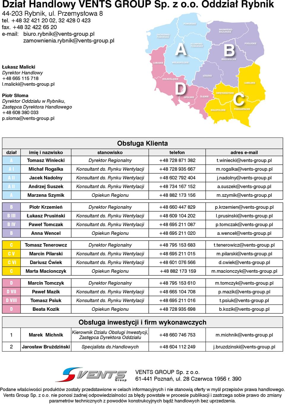 pl Obsługa Klienta dział imię i nazwisko stanowisko telefon adres email A Tomasz Winiecki Dyrektor Regionalny +48 728 871 382 t.winiecki@ventsgroup.pl A I Michał Rogalka Konsultant ds.