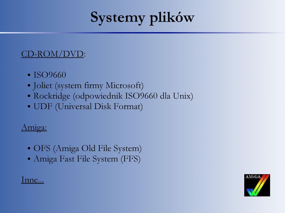 Unix) UDF (Universal Disk Format) Amiga: OFS (Amiga