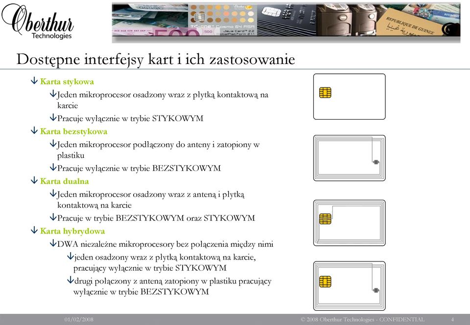 kontaktową na karcie Pracuje w trybie BEZSTYKOWYM oraz STYKOWYM Karta hybrydowa DWA niezależne mikroprocesory bez połączenia między nimi jeden osadzony wraz z płytką