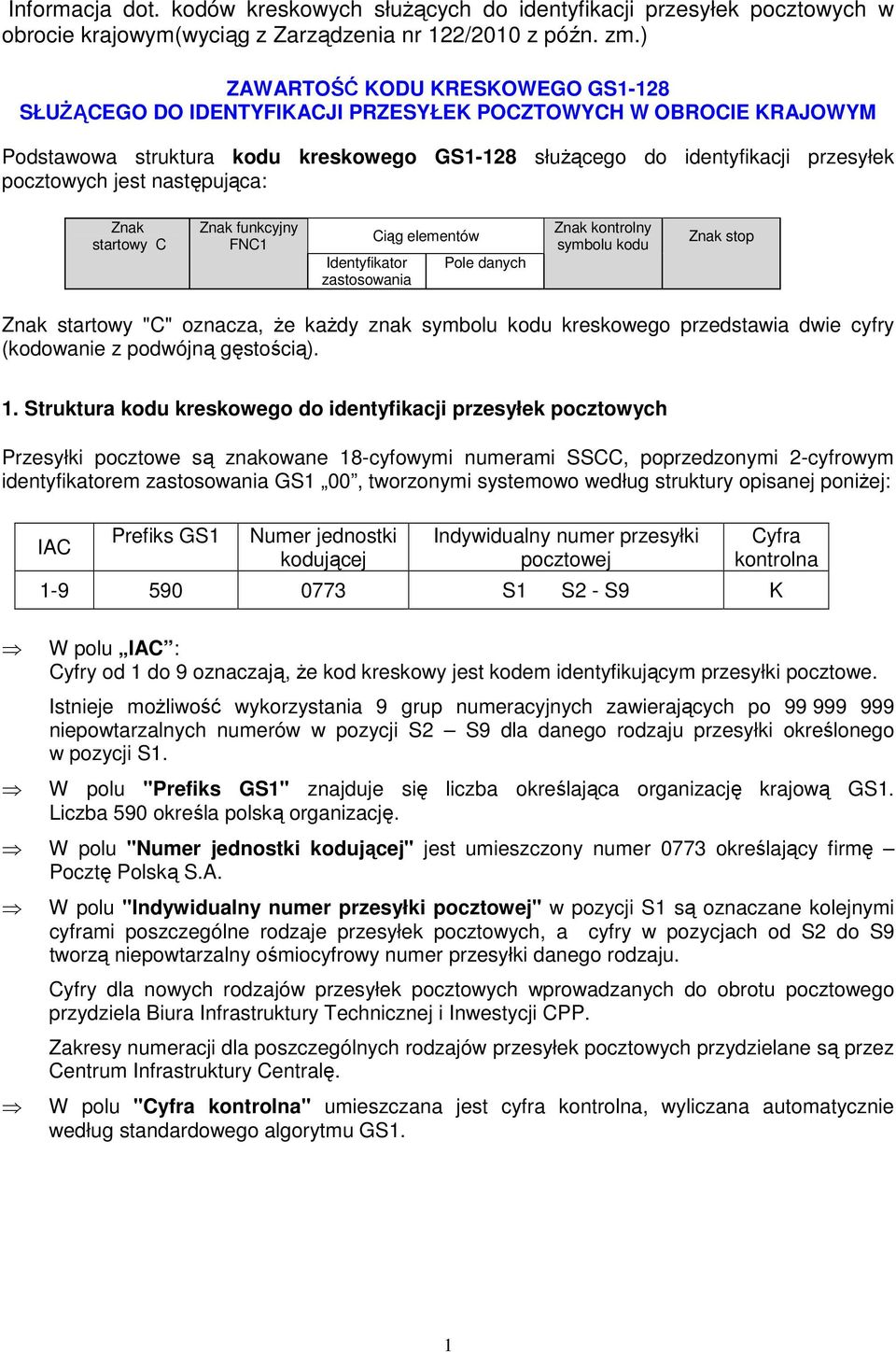 Znak startowy C Znak funkcyjny FNC1 Identyfikator zastosowania Ciąg elementów Pole danych Znak kontrolny symbolu kodu Znak stop Znak startowy "C" oznacza, że każdy znak symbolu kodu kreskowego