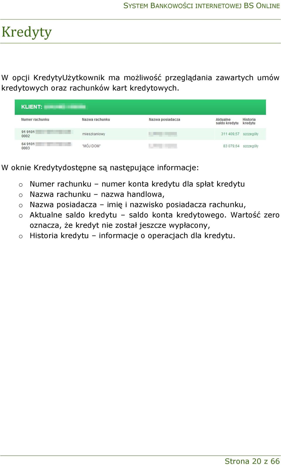 nazwa handlowa, o Nazwa posiadacza imię i nazwisko posiadacza rachunku, o Aktualne saldo kredytu saldo konta kredytowego.