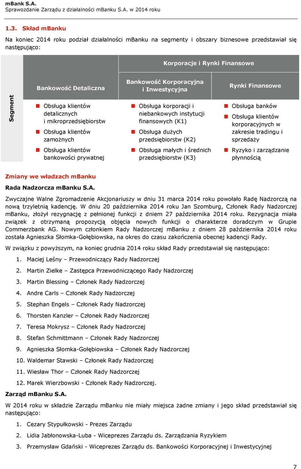 niebankowych instytucji finansowych (K1) Obsługa dużych przedsiębiorstw (K2) Obsługa małych i średnich przedsiębiorstw (K3) Obsługa banków Obsługa klientów korporacyjnych w zakresie tradingu i