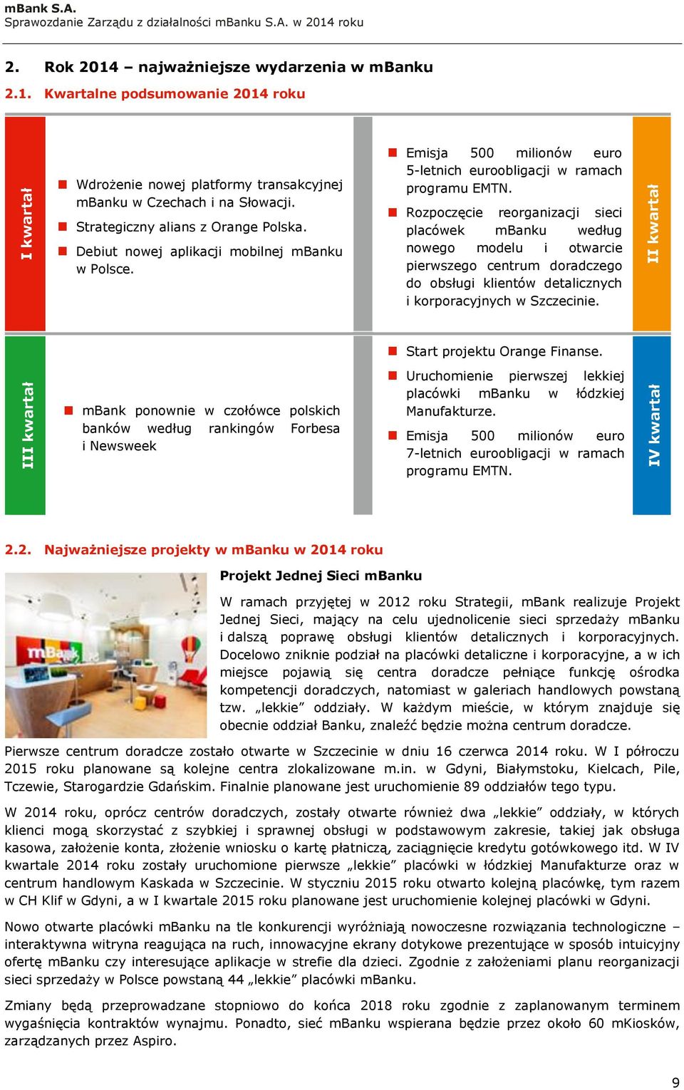 Rozpoczęcie reorganizacji sieci placówek mbanku według nowego modelu i otwarcie pierwszego centrum doradczego do obsługi klientów detalicznych i korporacyjnych w Szczecinie.