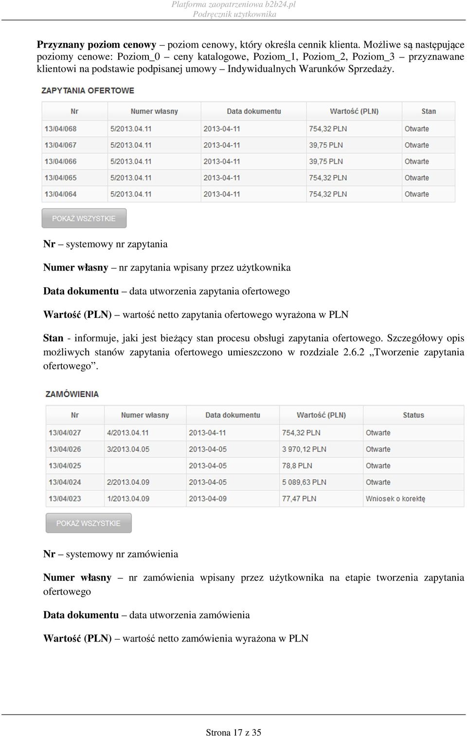 Nr systemowy nr zapytania Numer własny nr zapytania wpisany przez użytkownika Data dokumentu data utworzenia zapytania ofertowego Wartość (PLN) wartość netto zapytania ofertowego wyrażona w PLN Stan