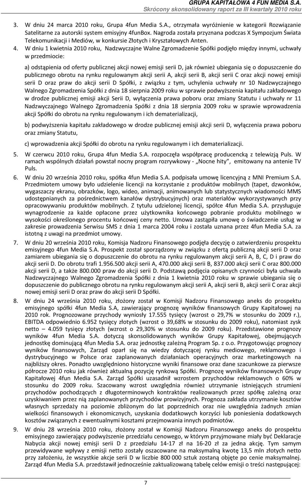 W dniu 1 kwietnia 2010 roku, Nadzwyczajne Walne Zgromadzenie Spółki podjęło między innymi, uchwały w przedmiocie: a) odstąpienia od oferty publicznej akcji nowej emisji serii D, jak również ubiegania