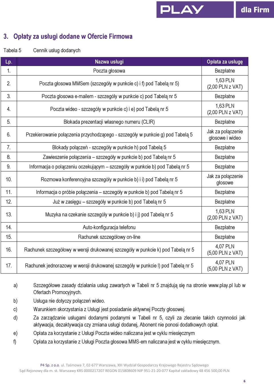 Poczta wideo - szczegóły w punkcie c) i e) pod Tabelą nr 5 (2,00 PLN 5. Blokada prezentacji własnego numeru (CLIR) Bezpłatne 6.