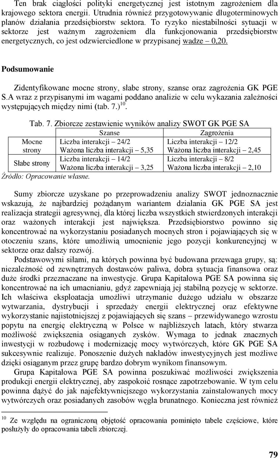 Podsumowanie Zidentyfikowane mocne strony, słabe strony, szanse oraz zagrożenia GK PGE S.A wraz z przypisanymi im wagami poddano analizie w celu wykazania zależności występujących między nimi (tab. 7.