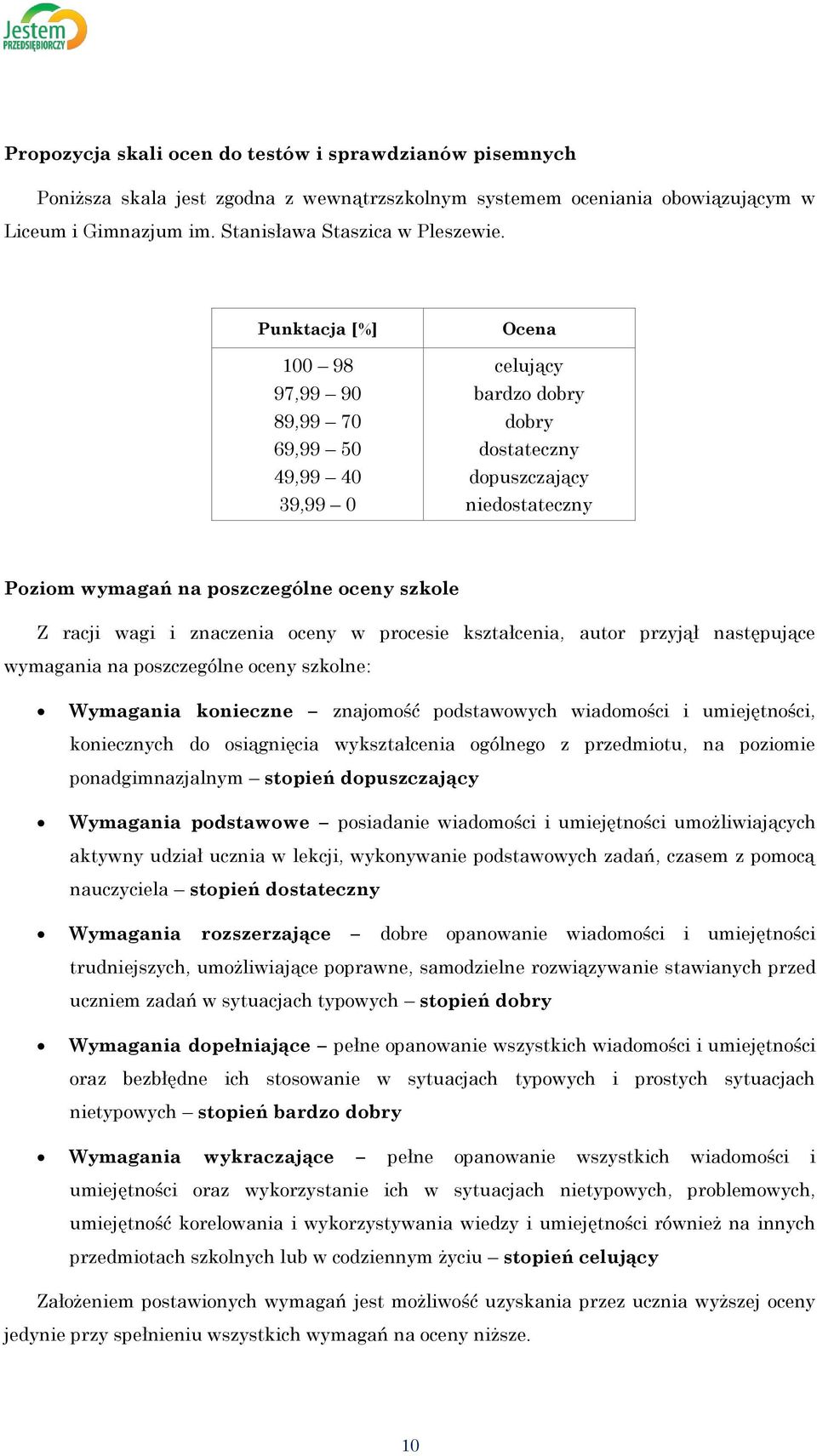 znaczenia oceny w procesie kształcenia, autor przyjął następujące wymagania na poszczególne oceny szkolne: Wymagania konieczne znajomość podstawowych wiadomości i umiejętności, koniecznych do