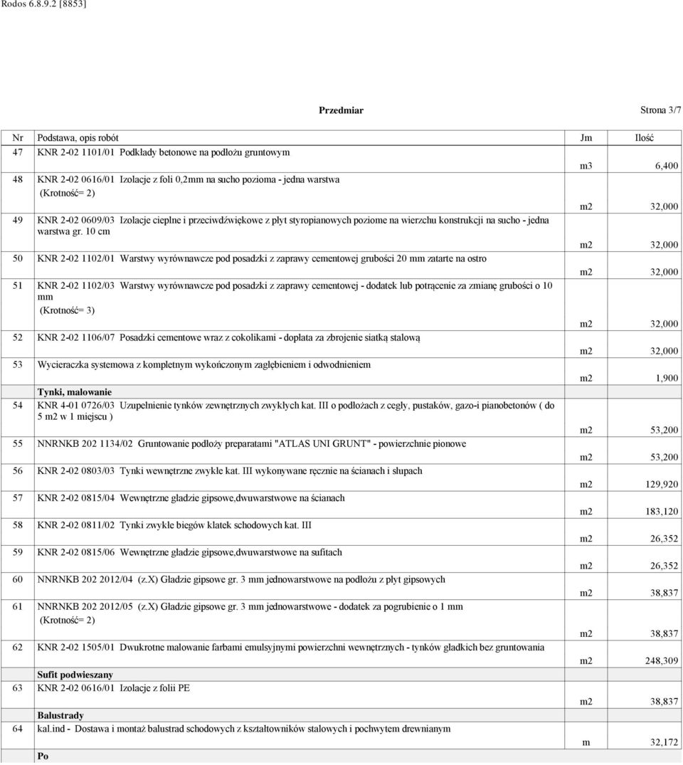 10 c 50 KNR 2-02 1102/01 Warstwy wyrównawcze pod posadzki z zaprawy ceentowej grubości 20 zatarte na ostro 51 KNR 2-02 1102/03 Warstwy wyrównawcze pod posadzki z zaprawy ceentowej - dodatek lub