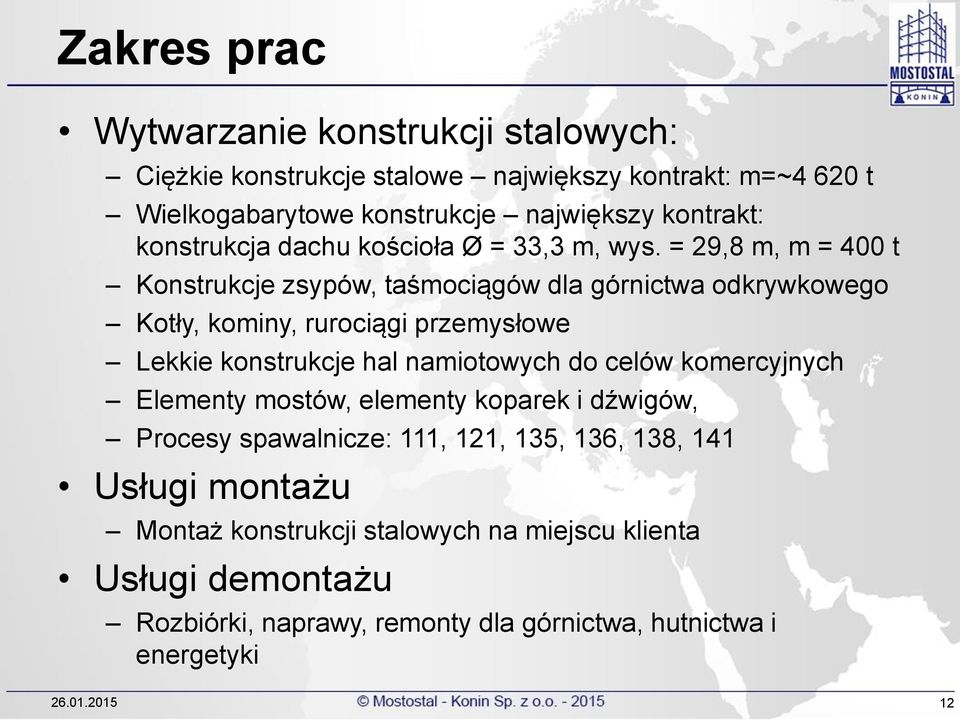 = 29,8 m, m = 400 t Konstrukcje zsypów, taśmociągów dla górnictwa odkrywkowego Kotły, kominy, rurociągi przemysłowe Lekkie konstrukcje hal namiotowych do