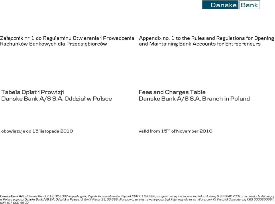 counts for Entrepreneurs Tabela Opłat i Prowizji Danske Bank A/