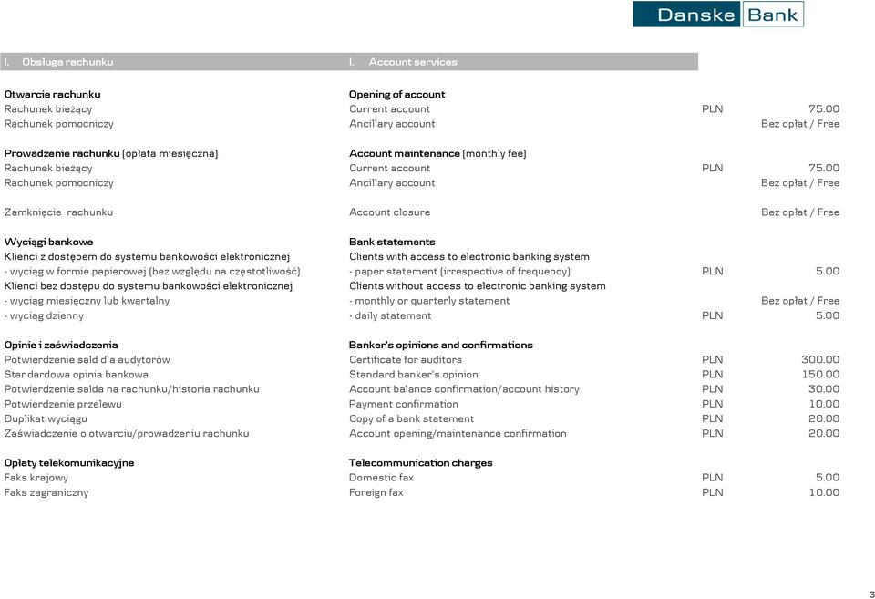 00 Rachunek pomocniczy Ancillary account Bez opłat / Free Zamknięcie rachunku Account closure Bez opłat / Free Wyciągi bankowe Bank statements Klienci z dostępem do systemu bankowości elektronicznej