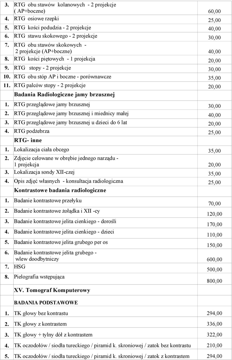 RTG palców stopy - 2 projekcje Badania Radiologiczne jamy brzusznej 1. RTG przeglądowe jamy brzusznej 2. RTG przeglądowe jamy brzusznej i miednicy małej 3.