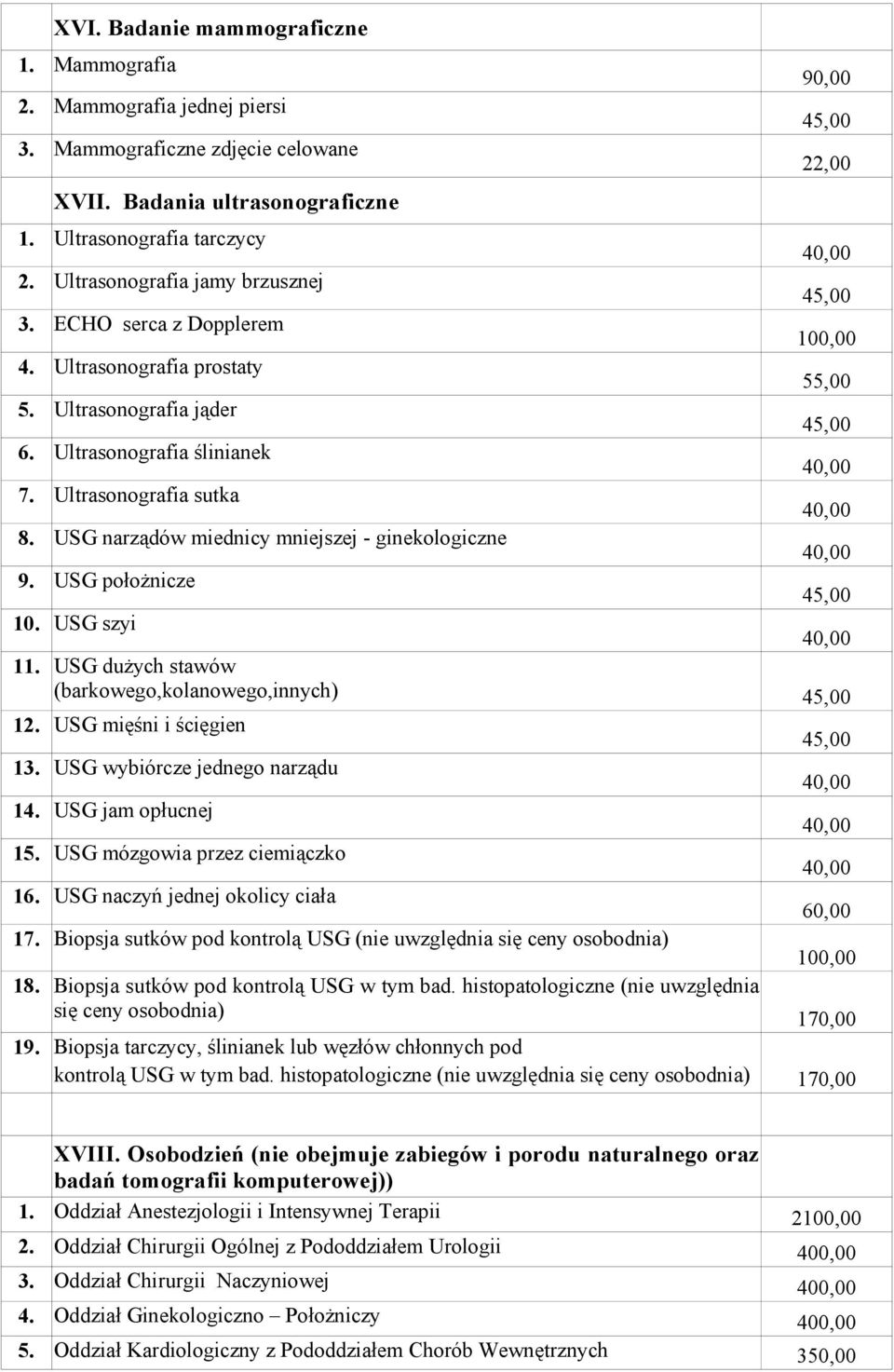 USG narządów miednicy mniejszej - ginekologiczne 9. USG położnicze 10. USG szyi 11. USG dużych stawów (barkowego,kolanowego,innych) 90,00 22,00 100,00 55,00 12. USG mięśni i ścięgien 13.