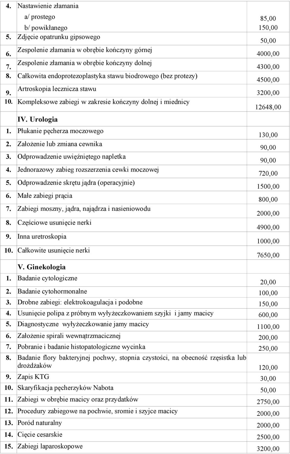 Kompleksowe zabiegi w zakresie kończyny dolnej i miednicy 12648,00 IV. Urologia 1. Płukanie pęcherza moczowego 2. Założenie lub zmiana cewnika 3. Odprowadzenie uwięźniętego napletka 4.