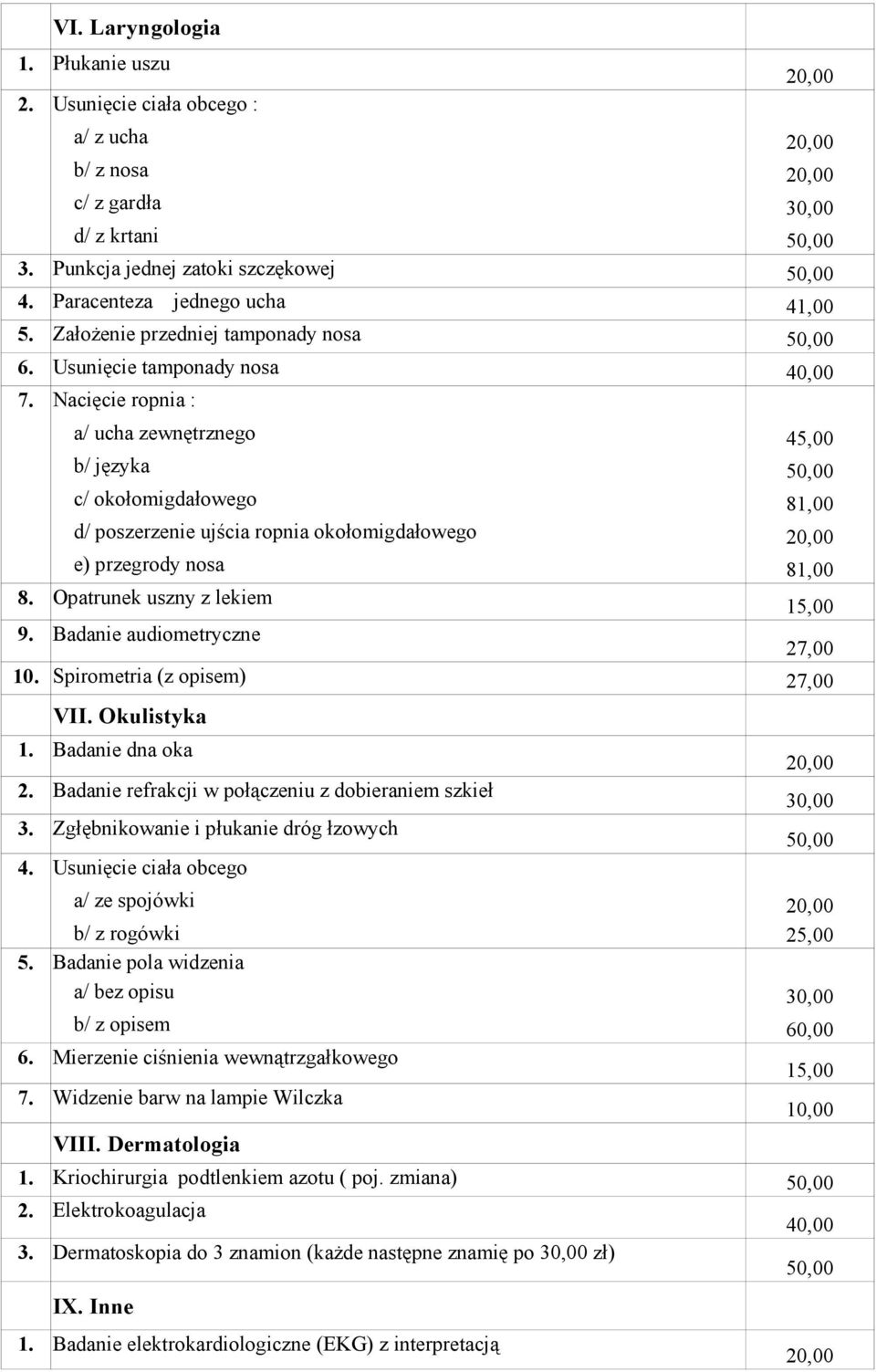 Badanie audiometryczne 15,00 27,00 10. Spirometria (z opisem) 27,00 1. Badanie dna oka 2. Badanie refrakcji w połączeniu z dobieraniem szkieł 3. Zgłębnikowanie i płukanie dróg łzowych 4.