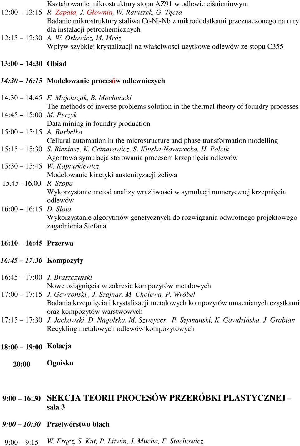 Mróz Wpływ szybkiej krystalizacji na właciwoci uytkowe odlewów ze stopu C355 13:00 14:30 14:30 16:15 14:30 14:45 14:45 15:00 15:00 15:15 15:15 15:30 15:30 15:45 15.45 16.