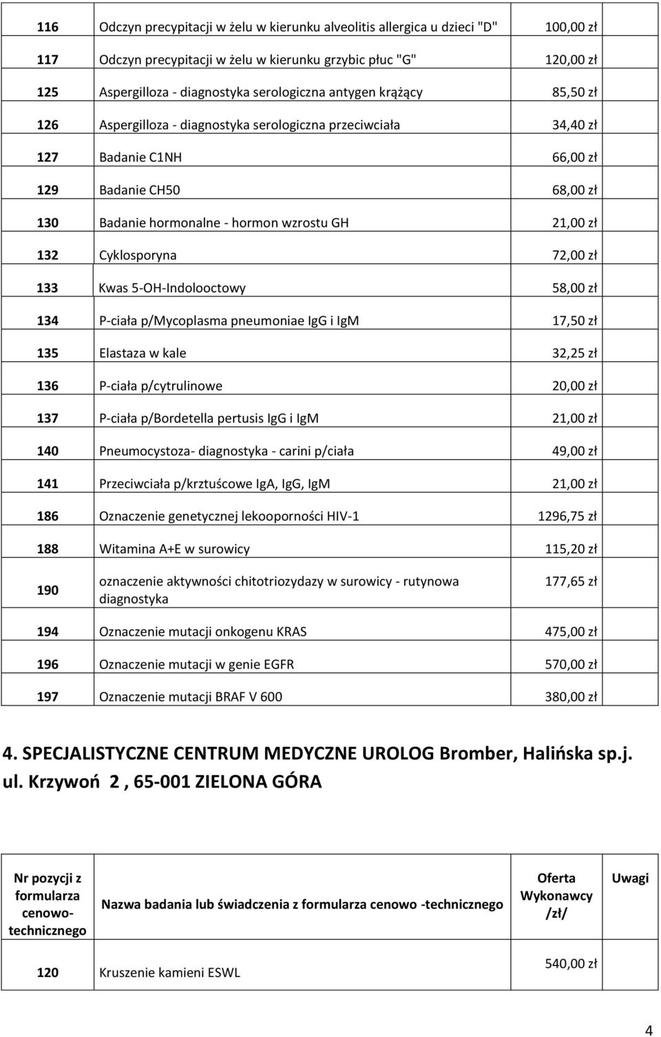 Cyklosporyna 72,00 zł 133 Kwas 5-OH-Indolooctowy 58,00 zł 134 P-ciała p/mycoplasma pneumoniae IgG i IgM 17,50 zł 135 Elastaza w kale 32,25 zł 136 P-ciała p/cytrulinowe 20,00 zł 137 P-ciała