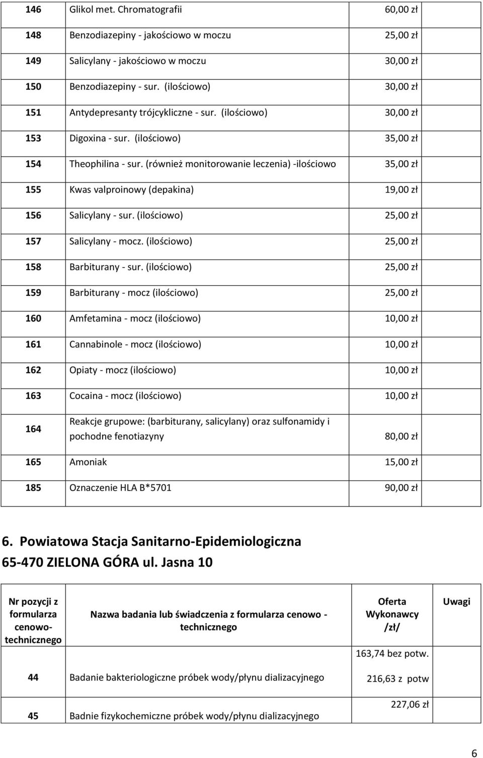 (również monitorowanie leczenia) -ilościowo 35,00 zł 155 Kwas valproinowy (depakina) 19,00 zł 156 Salicylany - sur. (ilościowo) 25,00 zł 157 Salicylany - mocz.