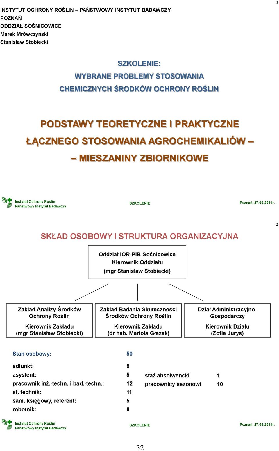 Zakład Analizy Środków Ochrony Roślin Kierownik Zakładu (mgr Stanisław Stobiecki) Zakład Badania Skuteczności Środków Ochrony Roślin Kierownik Zakładu (dr hab.