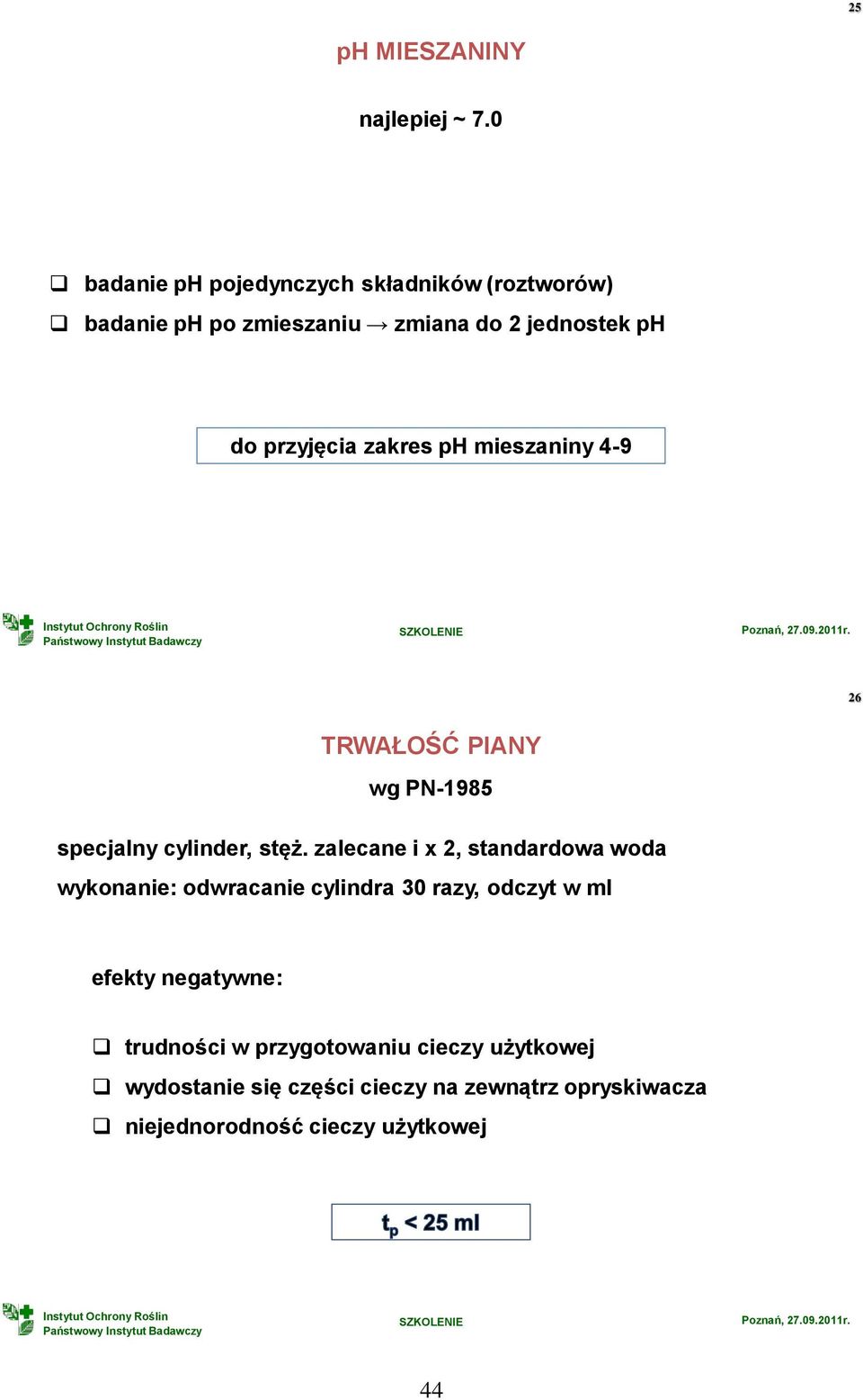 zakres ph mieszaniny 4-9 26 TRWAŁOŚĆ PIANY wg PN-1985 specjalny cylinder, stęż.